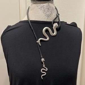 Silver tone snake and leather choker necklace